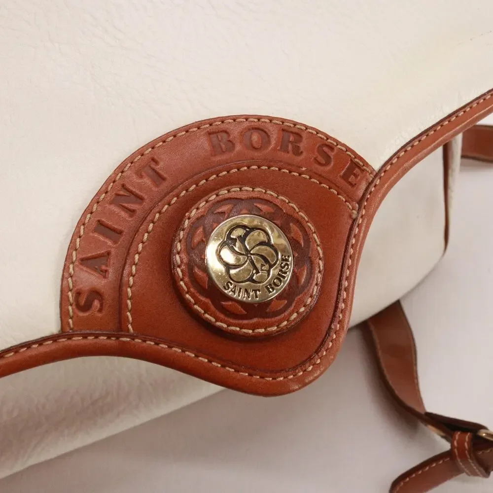 Vtg Saint Borse Handbag Women Medium Ivory Brown Pebble Leather Shoulder Bag
